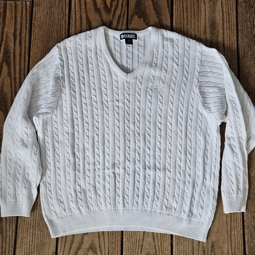 BOAST Women's White Cable Knit V-Neck Sweater Size XL 100% Cotton